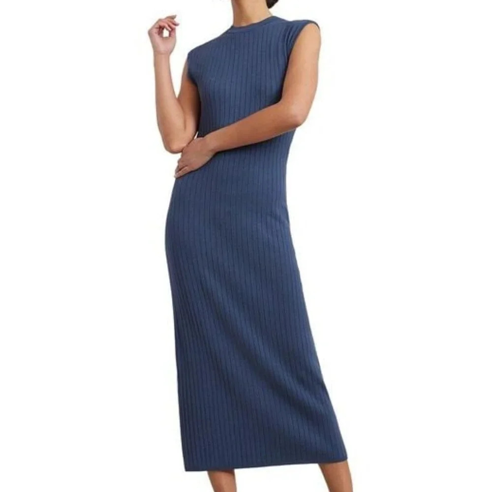 Modern Citizen Blue Button Back Harrah Ribbed Column Maxi Dress Size 1X